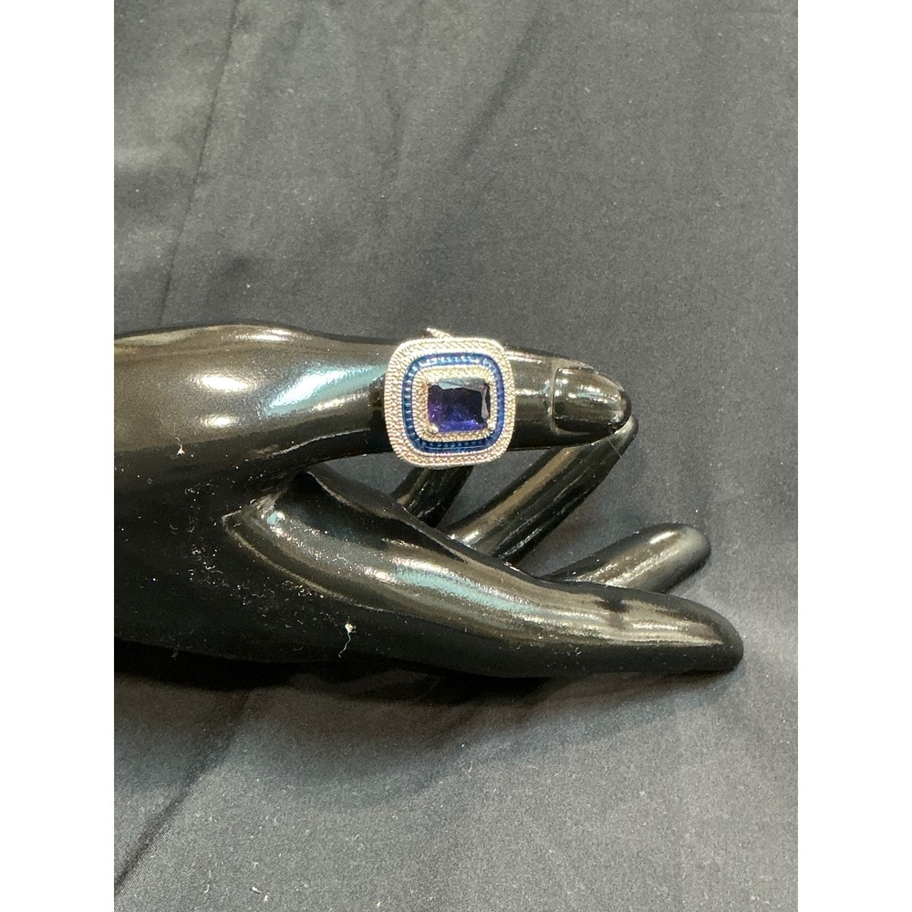 925 Sterling Silver Blue Emerald-Cut Style Ring Sz 7.25 Double Halo